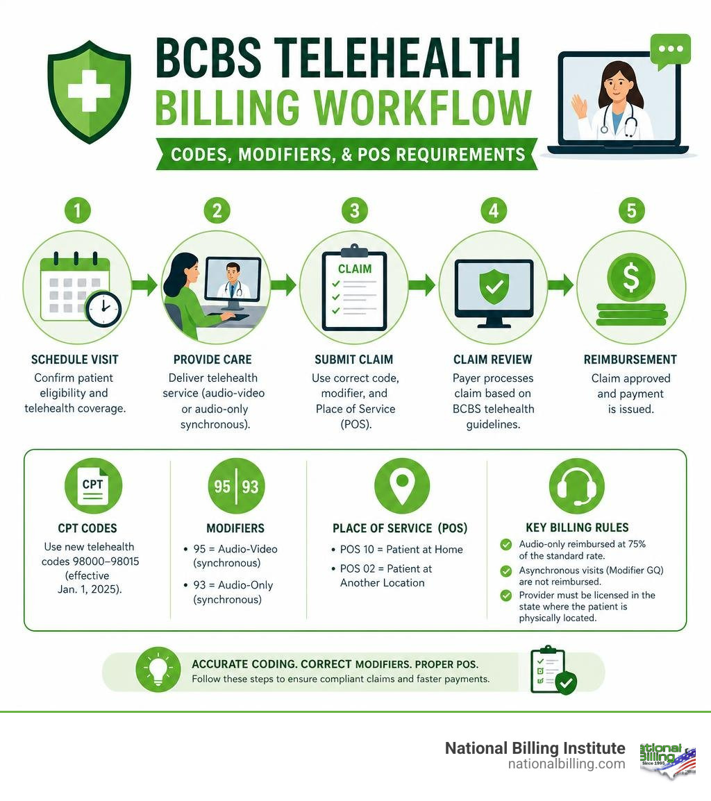 BCBS telehealth billing workflow infographic with codes, modifiers, and POS requirements infographic BCBS telehealth billing workflow infographic with codes, modifiers, and POS requirements infographic