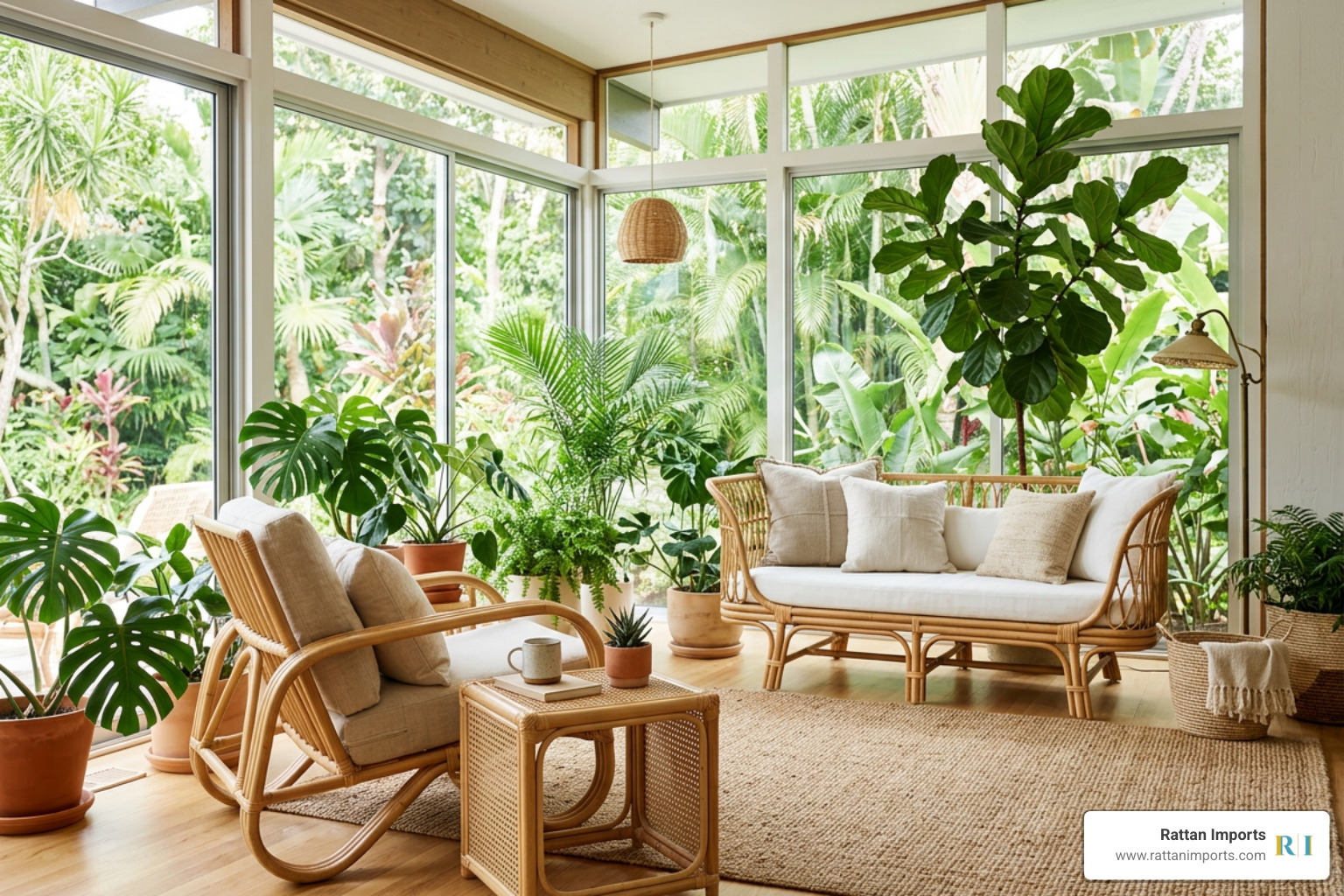 Classic mid-century modern sunroom with organic rattan seating and sculptural lines