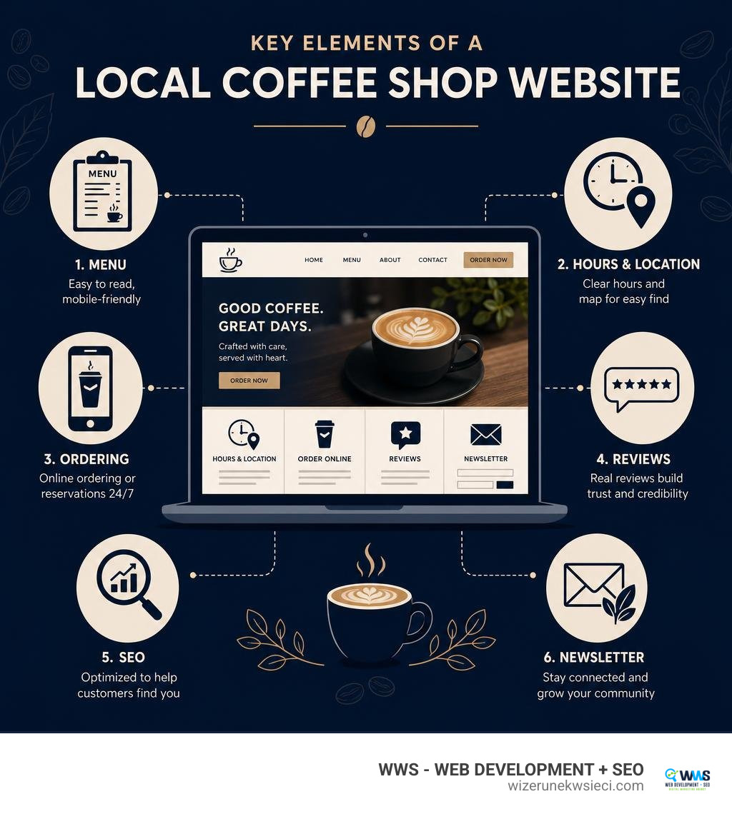 Key elements of a local coffee shop website: menu, hours, ordering, reviews, SEO, newsletter infographic Key elements of a local coffee shop website: menu, hours, ordering, reviews, SEO, newsletter infographic