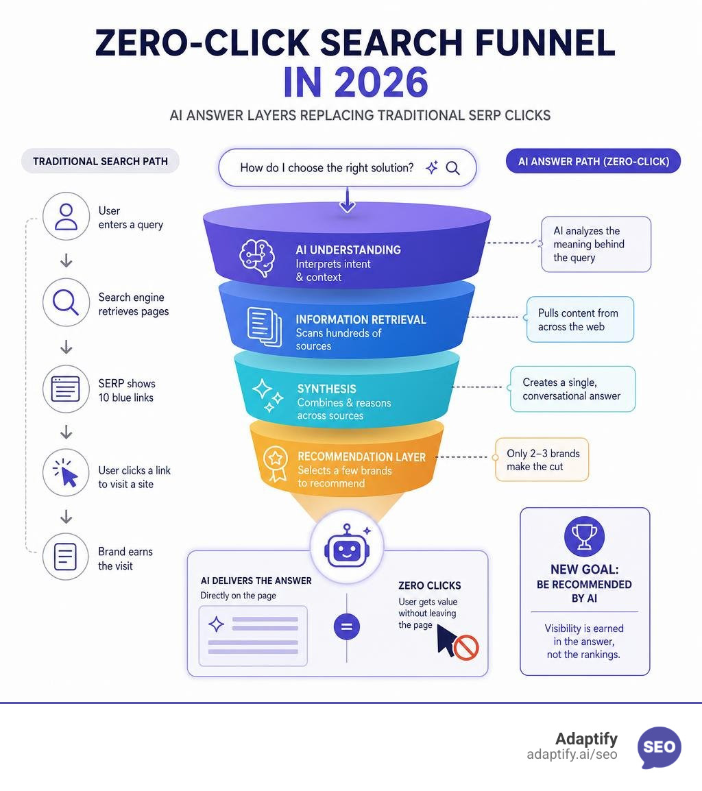 Zero-click search funnel in 2026 showing AI answer layers replacing traditional SERP clicks infographic