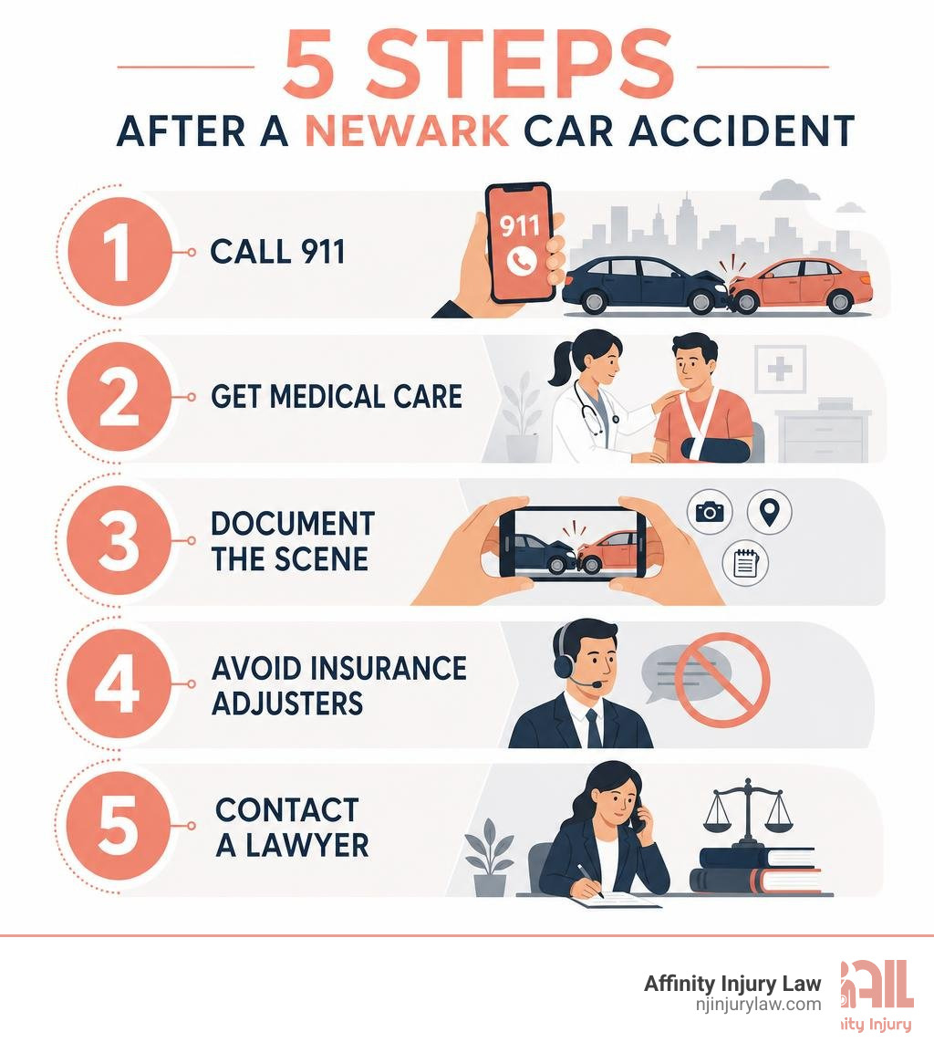Infographic showing 5 steps after a Newark car accident: call 911, get medical care, document the scene, avoid insurance