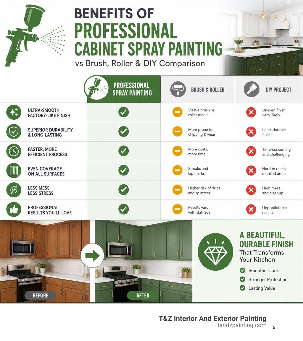 Benefits of professional cabinet spray painting vs brush roller and DIY comparison infographic infographic