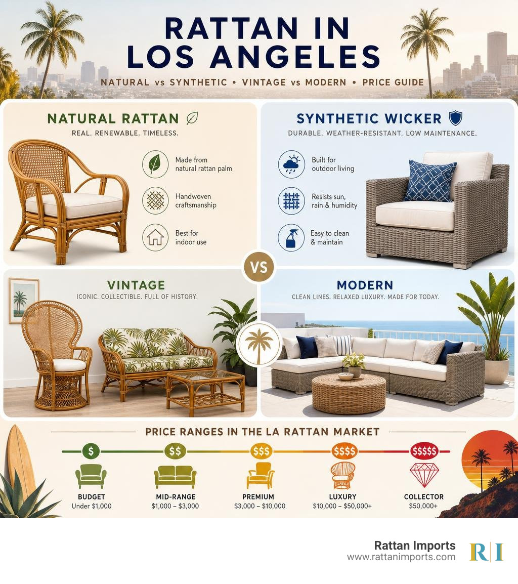 Comparison infographic: natural rattan vs synthetic wicker, vintage vs modern, price ranges in the LA rattan market