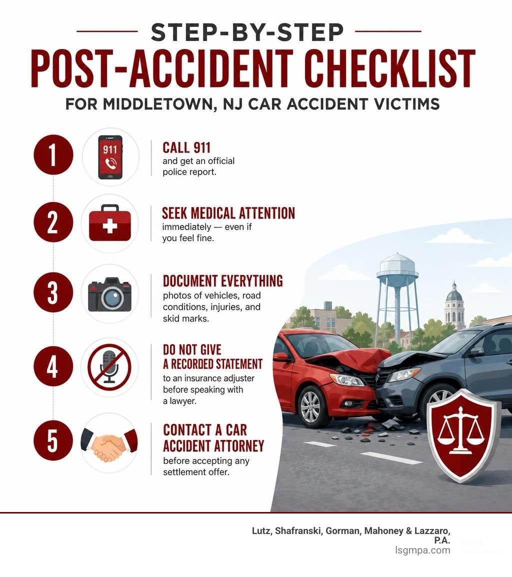 Step-by-step post-accident checklist for Middletown NJ car accident victims infographic
