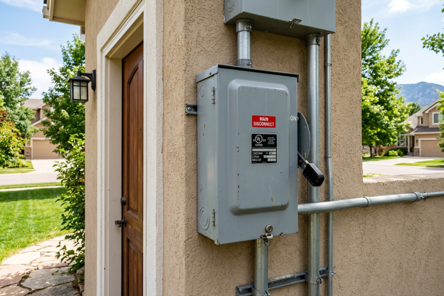 NEMA 3R weatherproof disconnect box mounted on an exterior wall in Castle Rock NEMA 3R weatherproof disconnect box mounted on an exterior wall in Castle Rock