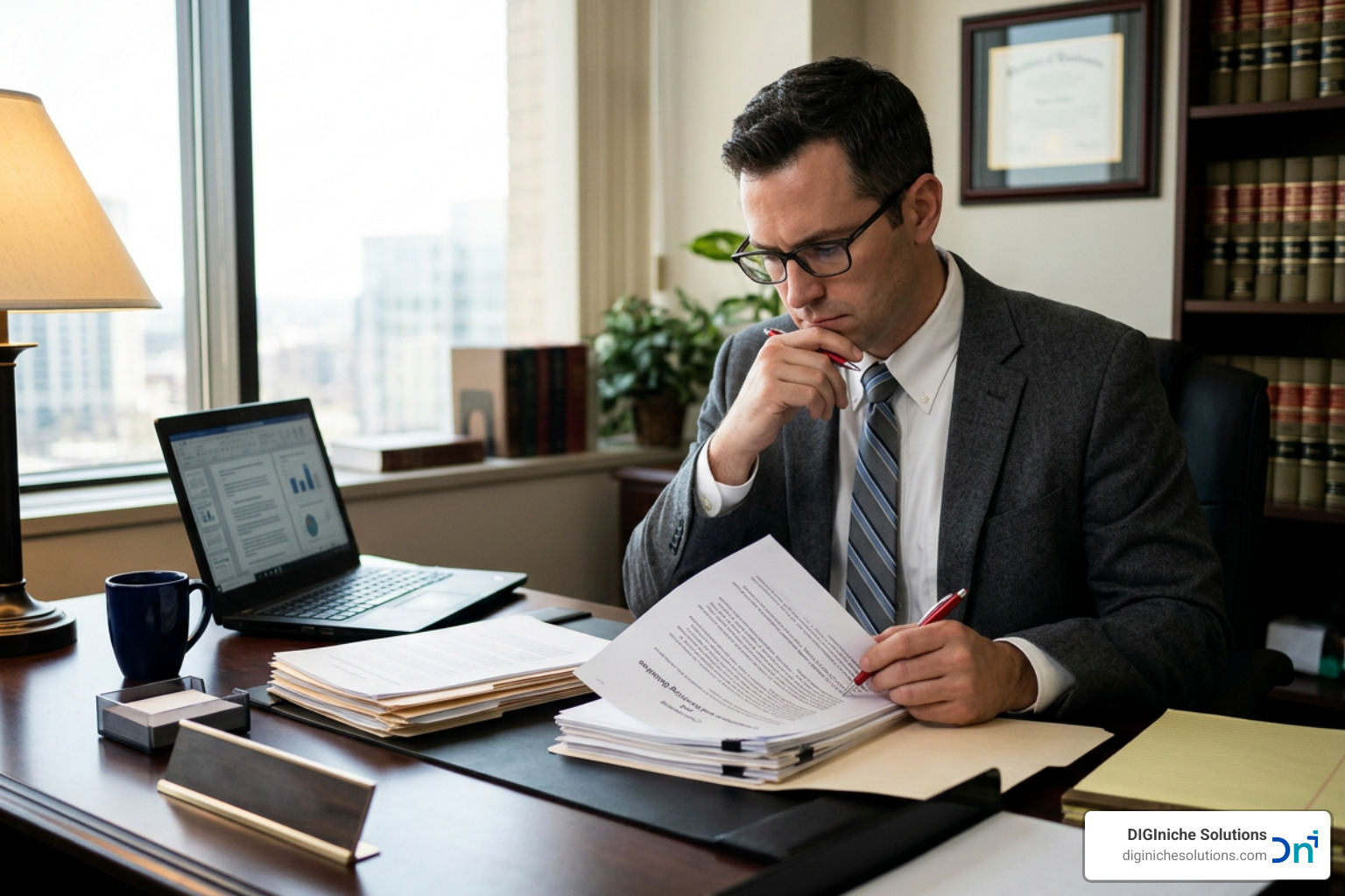 Lawyer reviewing compliance documents and state bar advertising guidelines Lawyer reviewing compliance documents and state bar advertising guidelines
