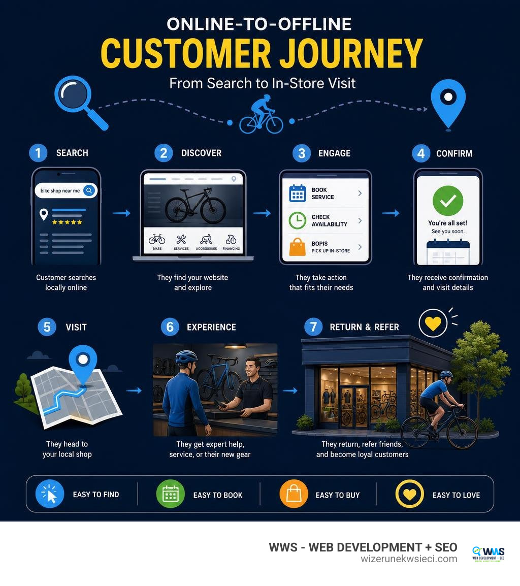 Online-to-offline customer journey for a local bike shop website from search to in-store visit infographic Online-to-offline customer journey for a local bike shop website from search to in-store visit infographic