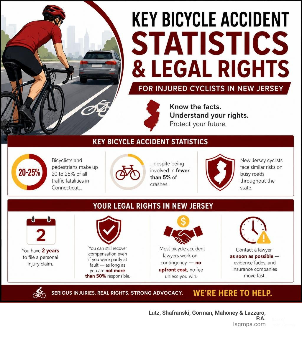 Key bicycle accident statistics and legal rights for injured cyclists in New Jersey infographic