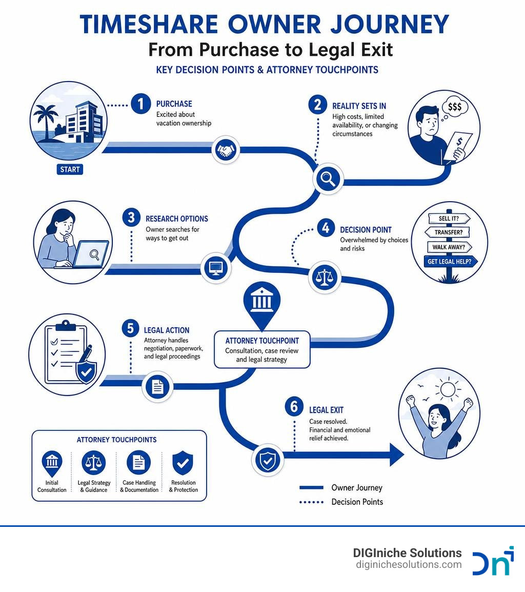 Timeshare owner journey from purchase to legal exit with key decision points and attorney touchpoints infographic Timeshare owner journey from purchase to legal exit with key decision points and attorney touchpoints infographic