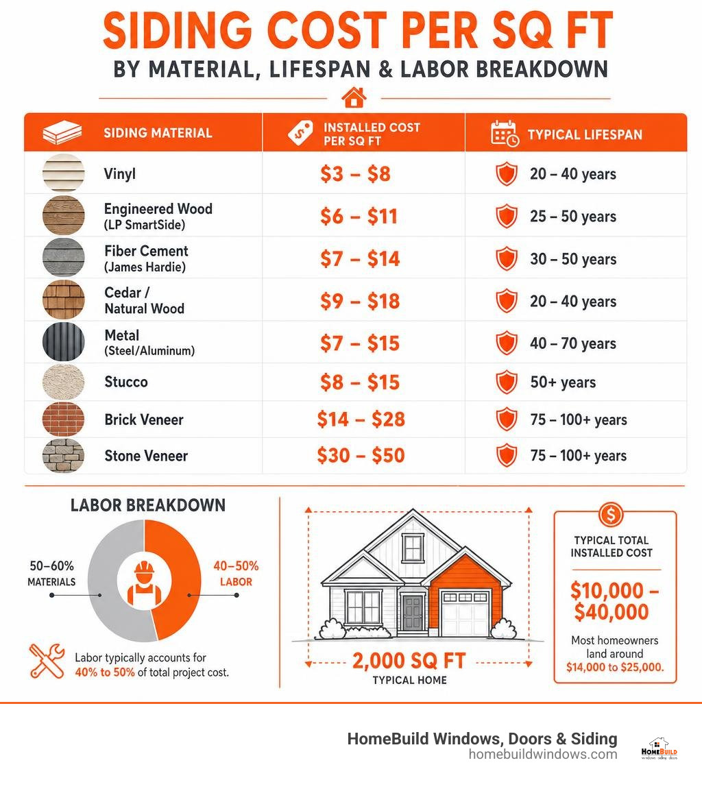 Infographic showing siding cost per square foot by material type, lifespan, and labor breakdown infographic