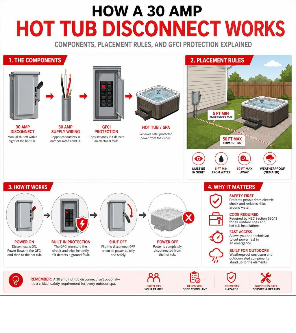 How a 30 amp hot tub disconnect works: components, placement rules, and GFCI protection explained infographic How a 30 amp hot tub disconnect works: components, placement rules, and GFCI protection explained infographic