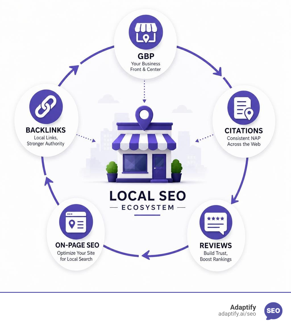 local SEO ecosystem showing GBP, citations, reviews, on-page SEO, and backlinks infographic