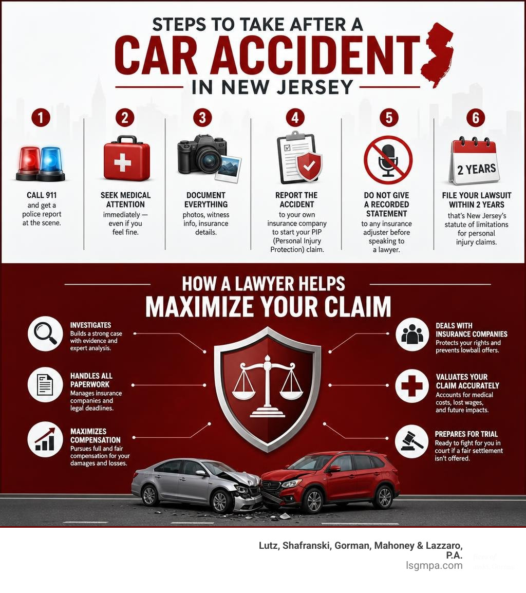 Steps to take after a car accident in New Jersey and how a lawyer helps maximize your claim infographic Steps to take after a car accident in New Jersey and how a lawyer helps maximize your claim infographic