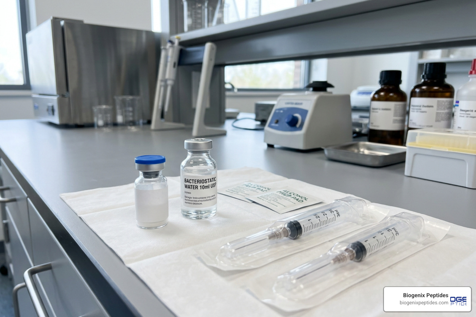 A neat layout of laboratory reconstitution tools including bacteriostatic water, alcohol prep pads, and sterile syringes on