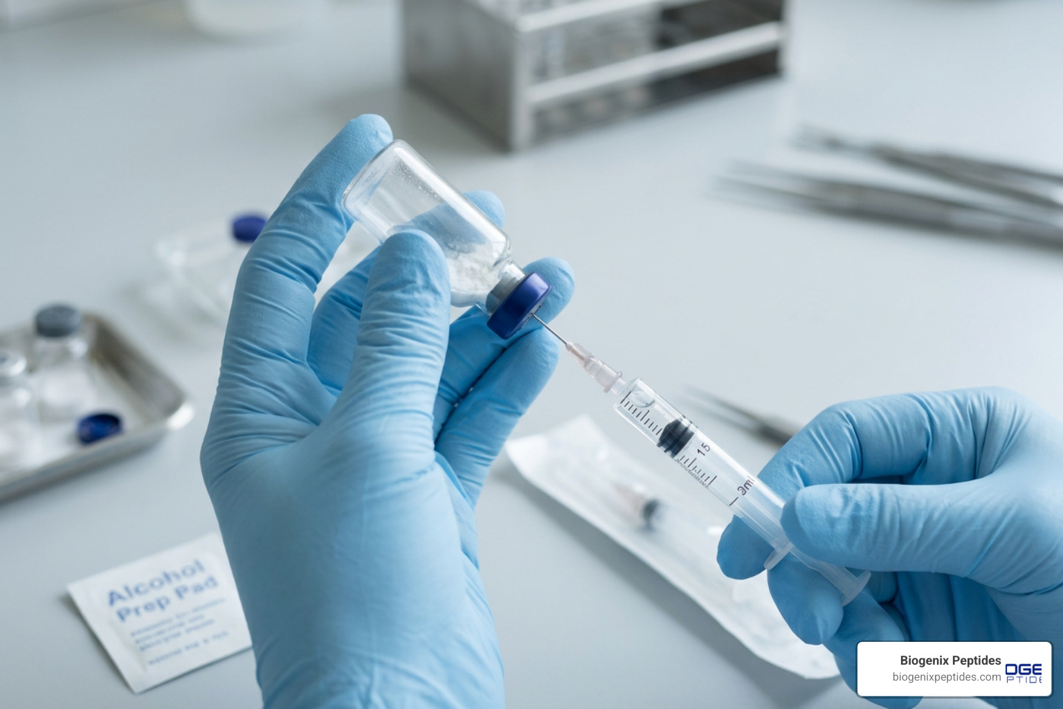A researcher slowly adding diluent down the inside glass wall of a peptide vial to prevent foaming