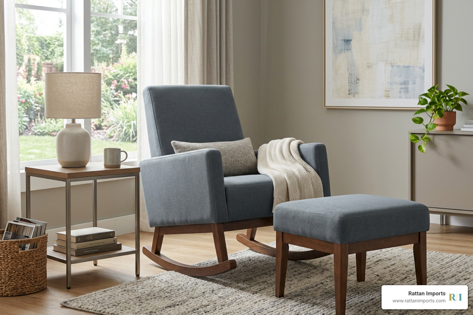 A modern upholstered rocker and matching ottoman styled in a contemporary living room setting A modern upholstered rocker and matching ottoman styled in a contemporary living room setting