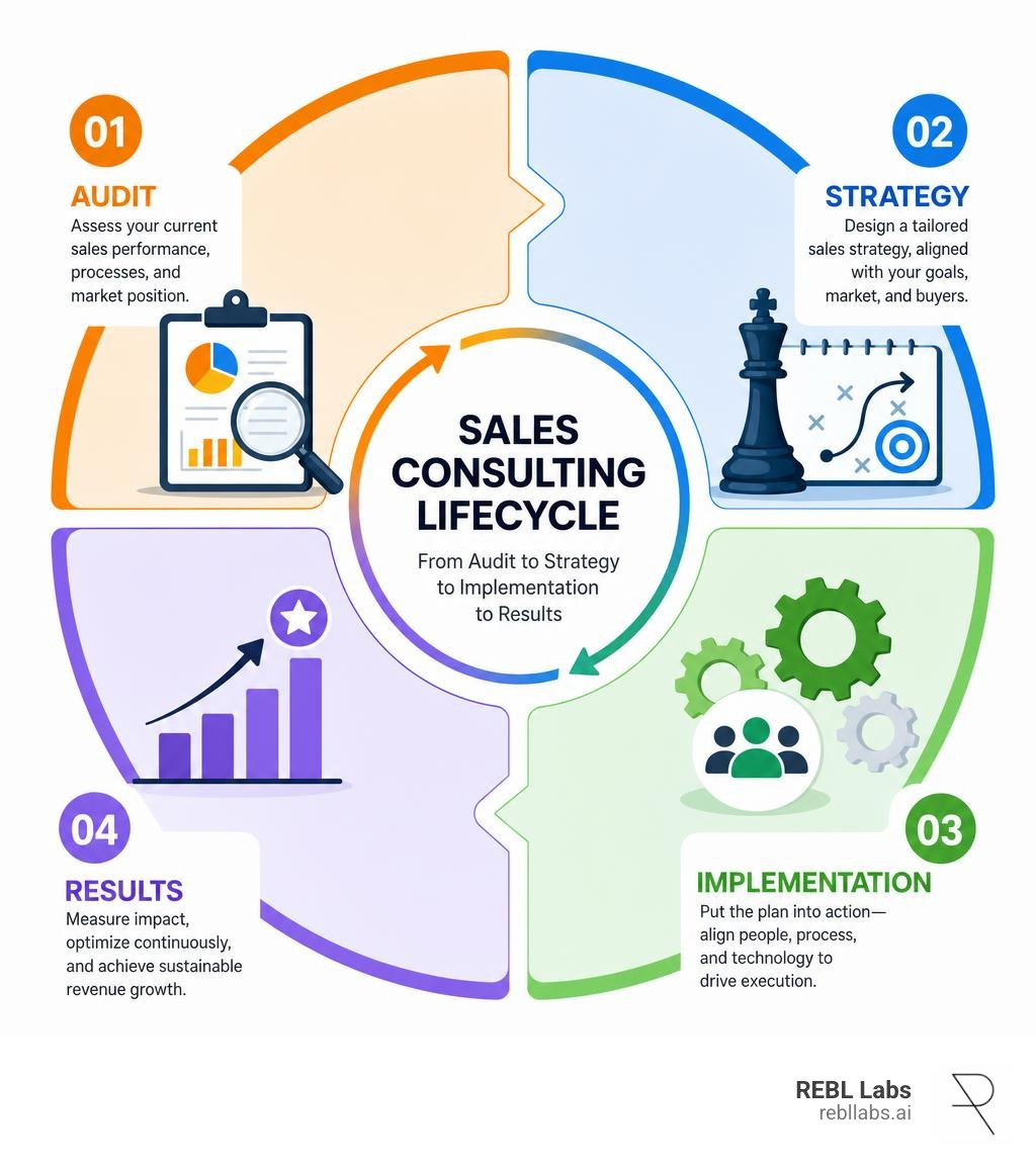Sales consulting lifecycle: from audit to strategy to implementation to results infographic