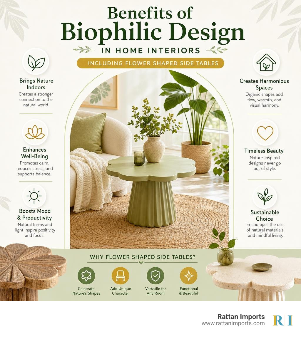 Benefits of biophilic design in home interiors including flower shaped side tables infographic Benefits of biophilic design in home interiors including flower shaped side tables infographic