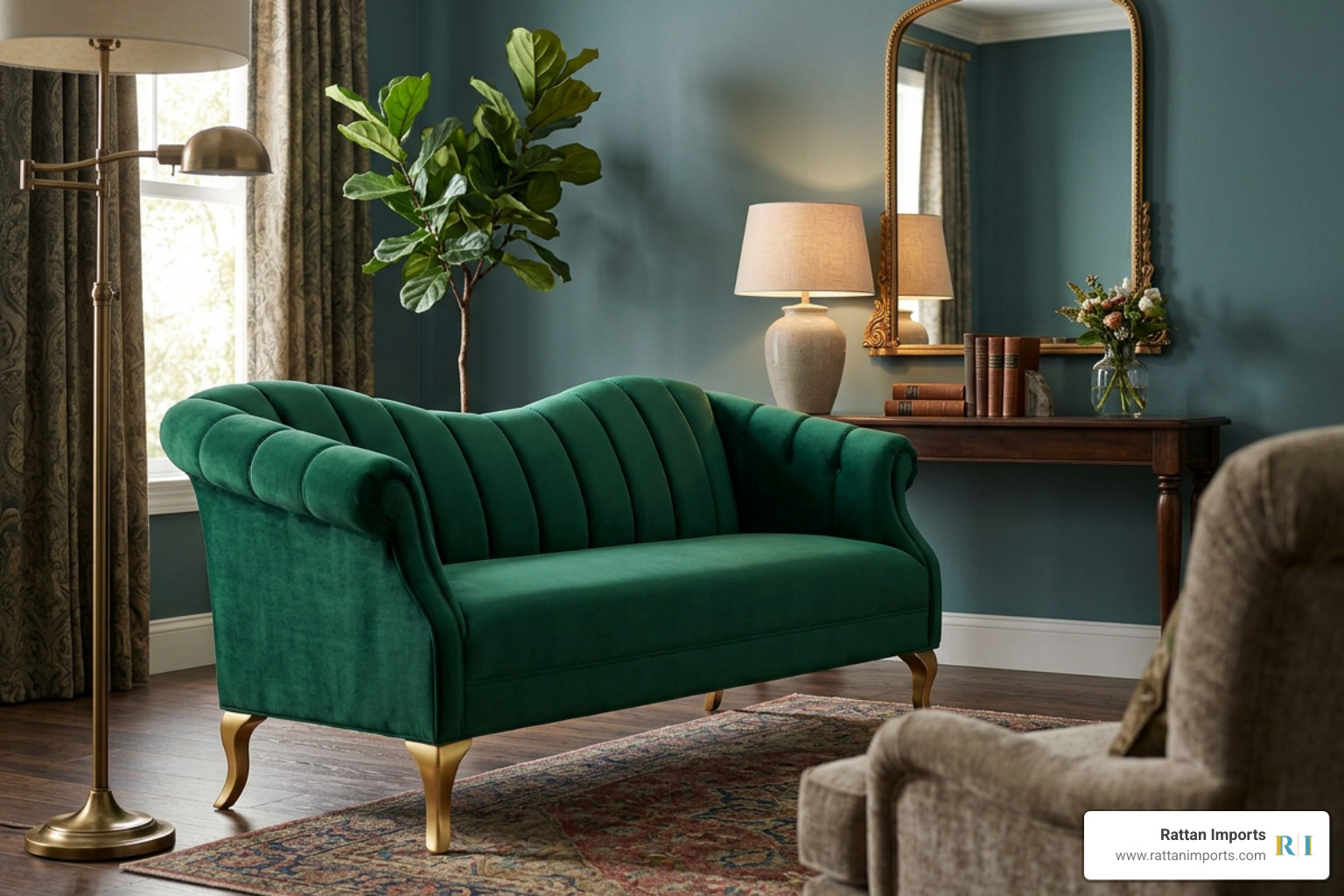 A classic velvet camelback loveseat with channel tufting and gold legs A classic velvet camelback loveseat with channel tufting and gold legs