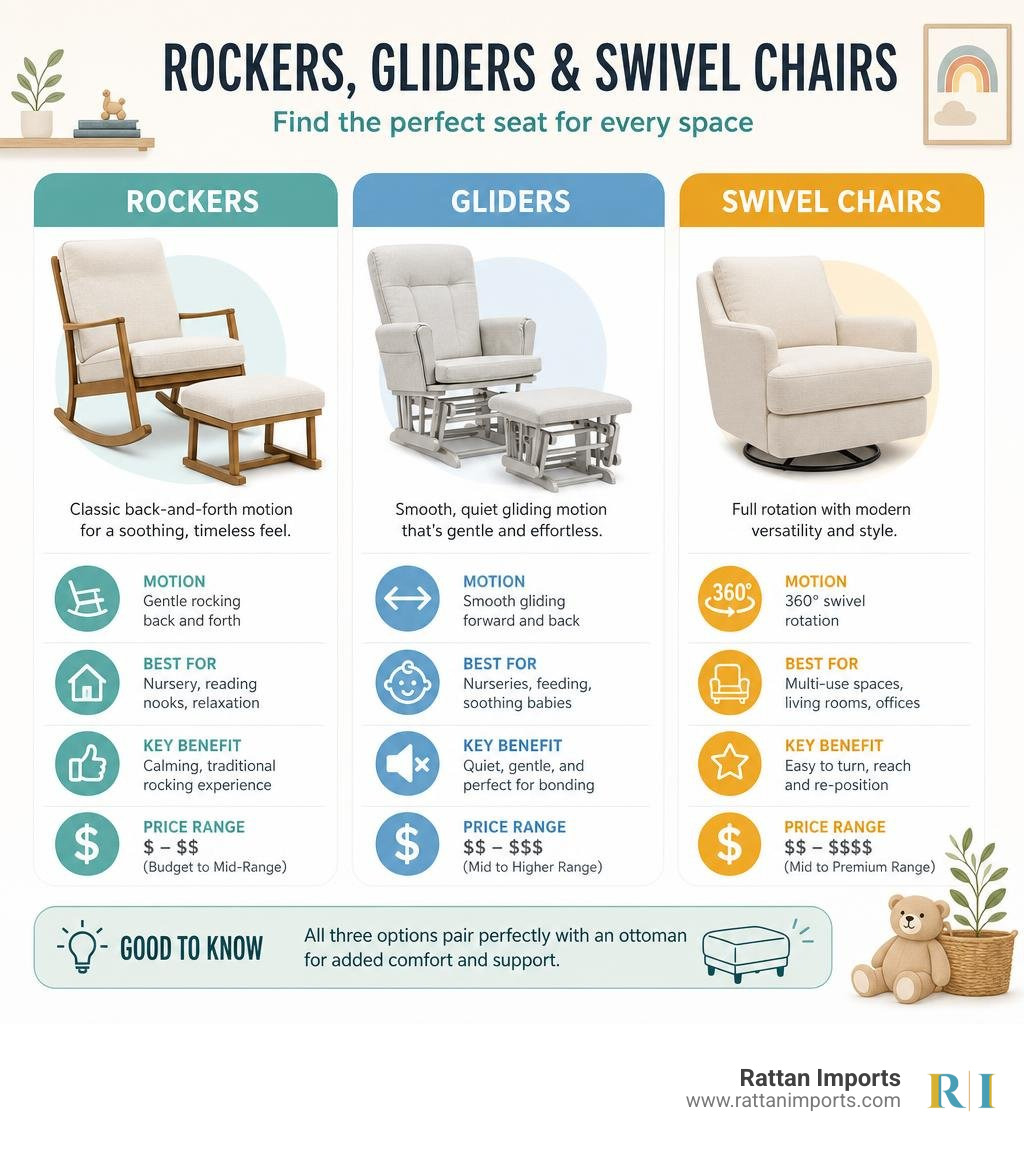 Infographic comparing rockers, gliders, and swivel chairs with key features and price ranges infographic Infographic comparing rockers, gliders, and swivel chairs with key features and price ranges infographic