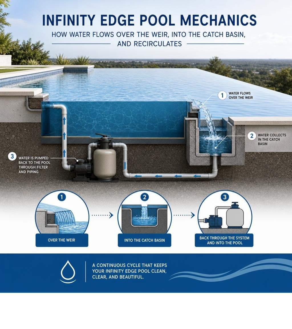 Infinity edge pool mechanics infographic: how water flows over weir into catch basin and recirculates infographic Infinity edge pool mechanics infographic: how water flows over weir into catch basin and recirculates infographic