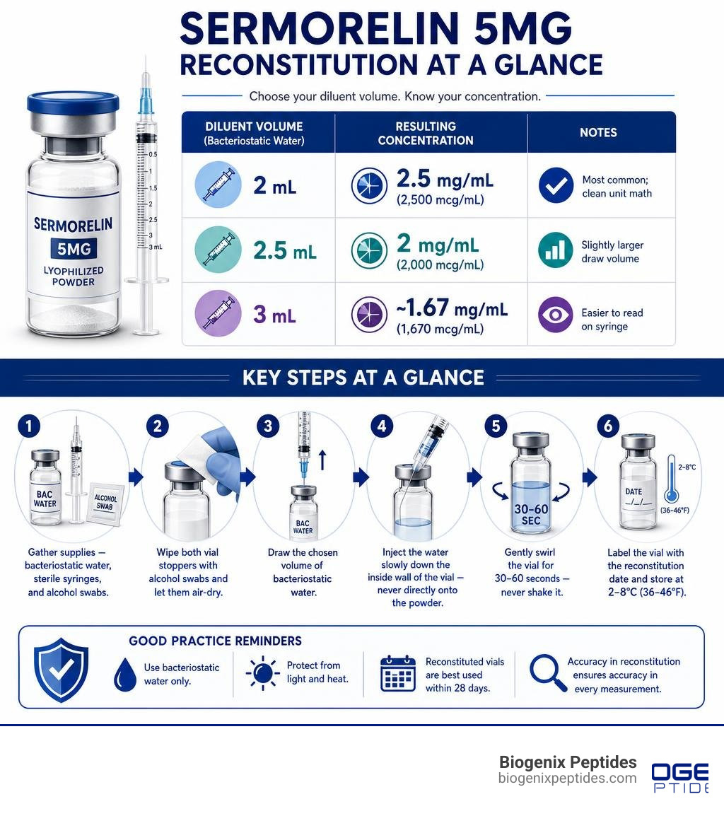 Sermorelin 5mg reconstitution process infographic: diluent volumes, concentrations, and key steps infographic