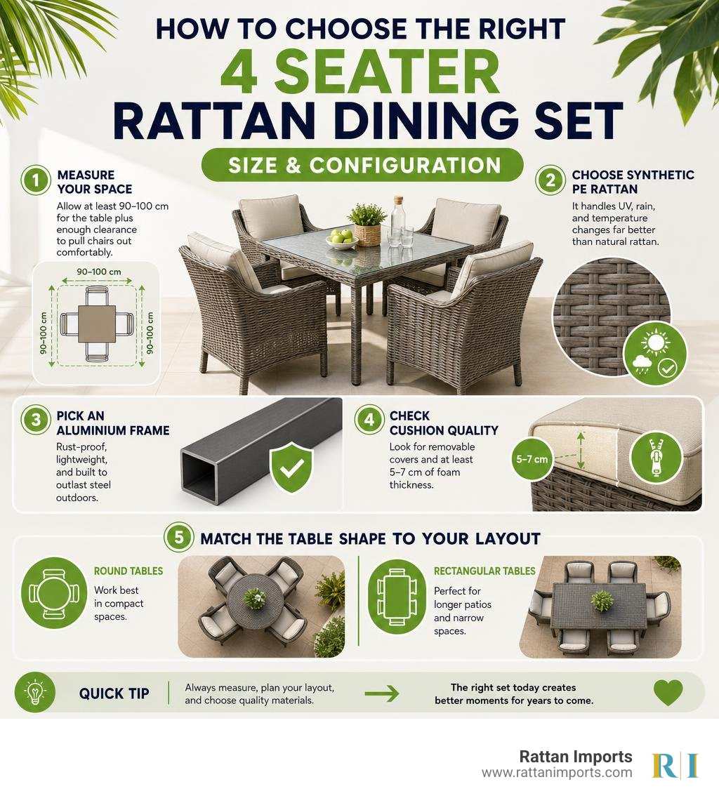 How to choose the right 4 seater rattan dining set size and configuration infographic How to choose the right 4 seater rattan dining set size and configuration infographic
