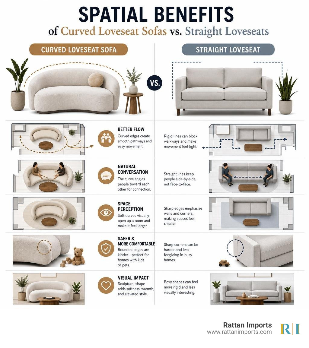 Spatial benefits of curved loveseat sofas vs. straight loveseats infographic infographic Spatial benefits of curved loveseat sofas vs. straight loveseats infographic infographic