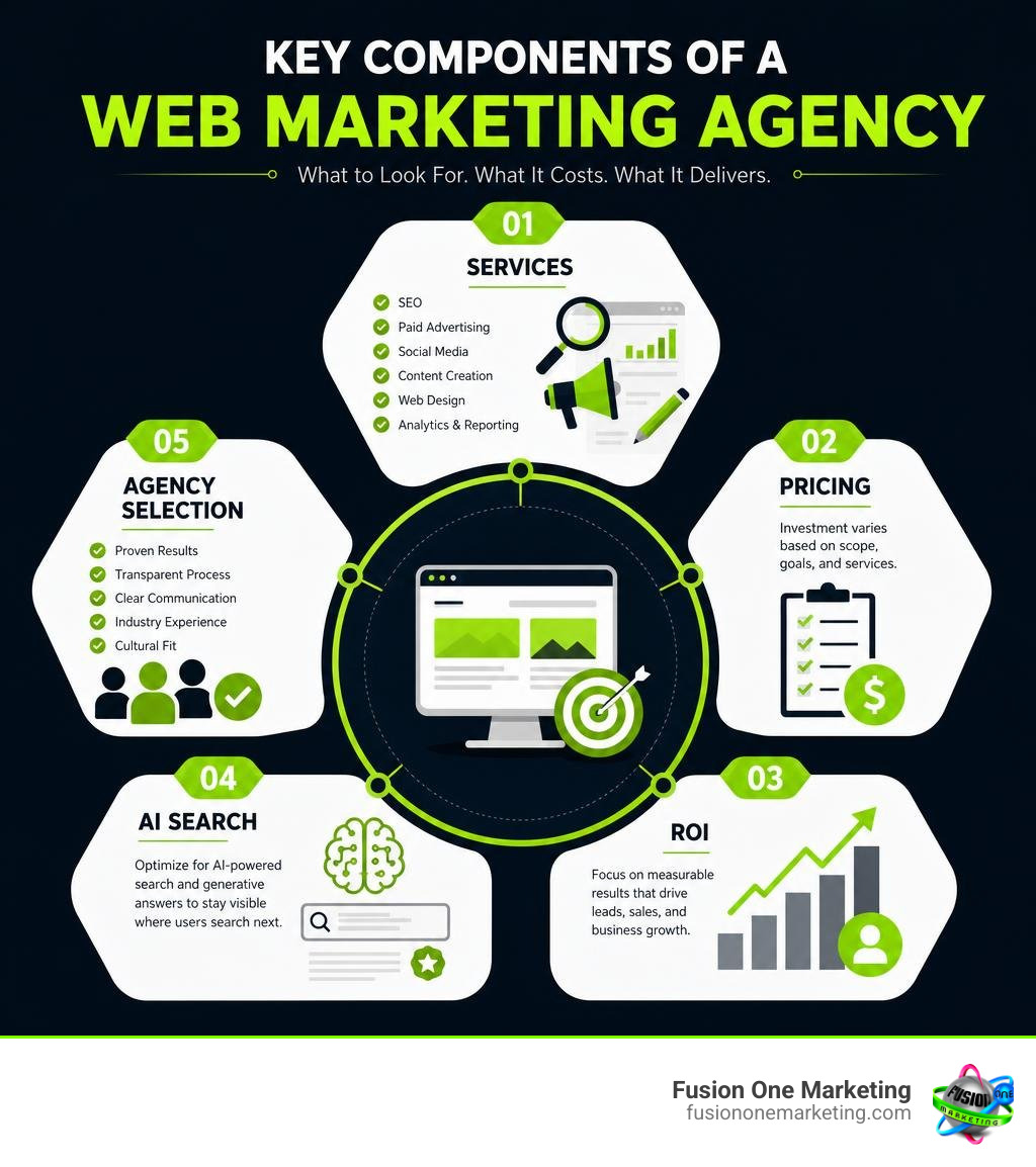 Key components of a web marketing agency: services, pricing, ROI, AI search, and agency selection infographic Key components of a web marketing agency: services, pricing, ROI, AI search, and agency selection infographic