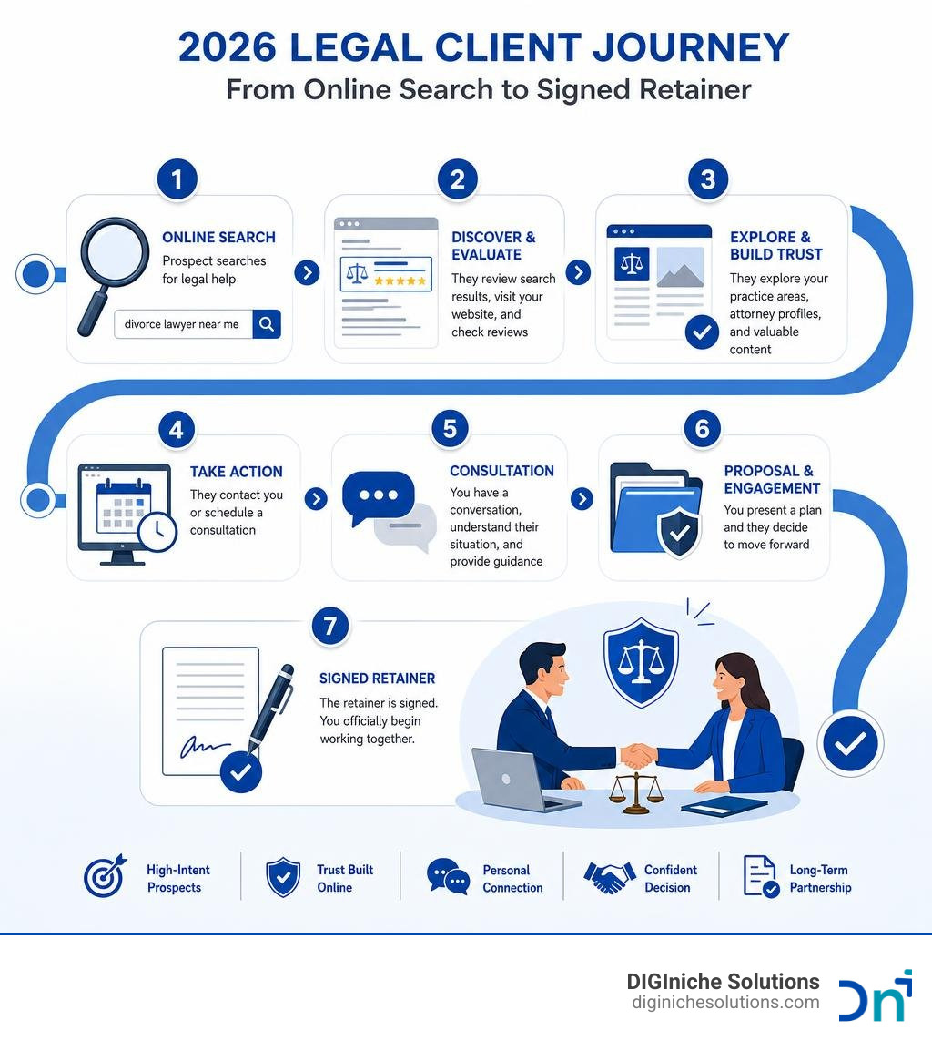 2026 legal client journey from online search to signed retainer infographic infographic