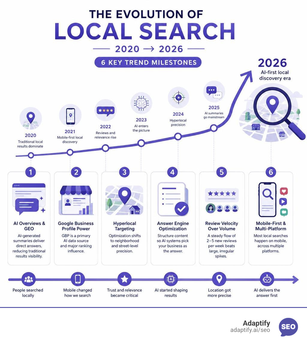 Evolution of local search from 2020 to 2026 showing key trend milestones infographic