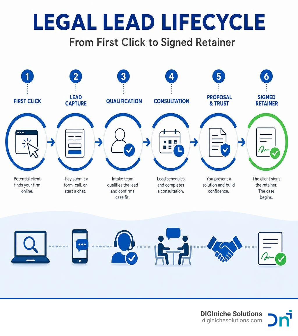 Legal lead lifecycle from first click to signed retainer infographic infographic