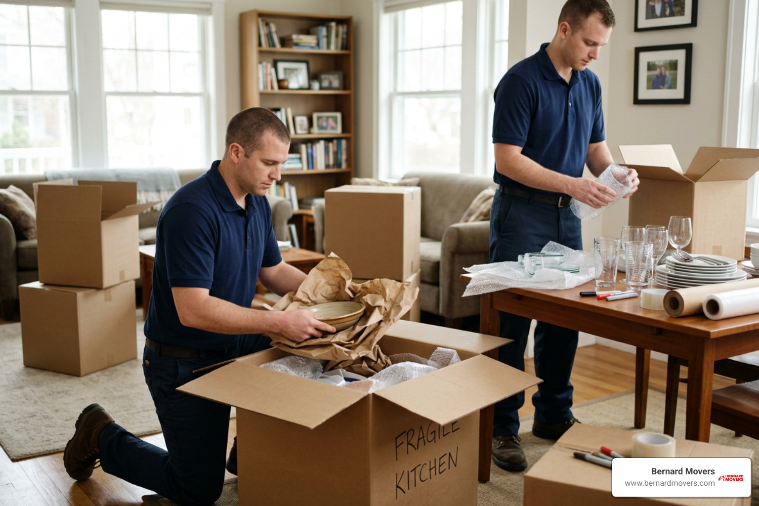 Professional movers packing fragile items into heavy-duty moving boxes Professional movers packing fragile items into heavy-duty moving boxes