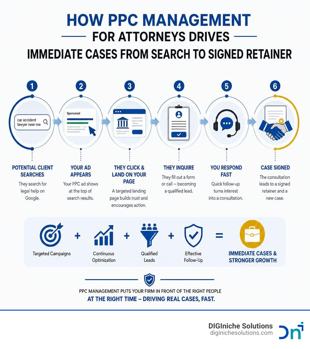 How PPC management for attorneys drives immediate cases from search to signed retainer infographic How PPC management for attorneys drives immediate cases from search to signed retainer infographic