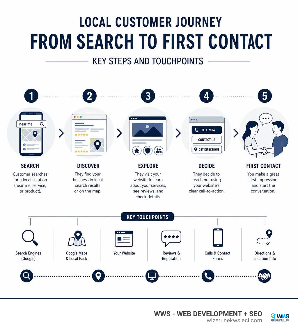 Local customer journey from search to first contact — key steps and touchpoints infographic Local customer journey from search to first contact — key steps and touchpoints infographic