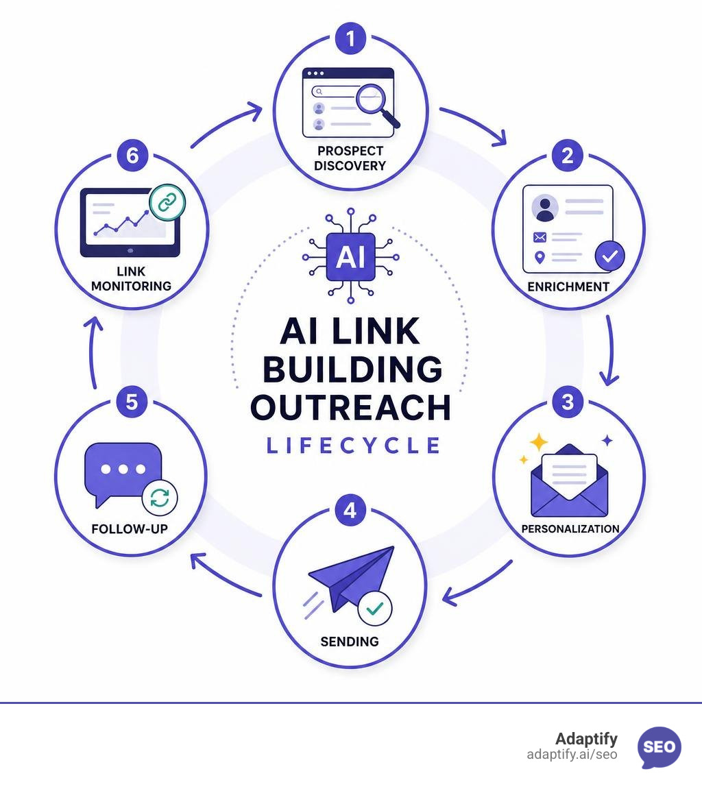 AI link building outreach lifecycle: prospect discovery, enrichment, personalization, sending, follow-up, and link