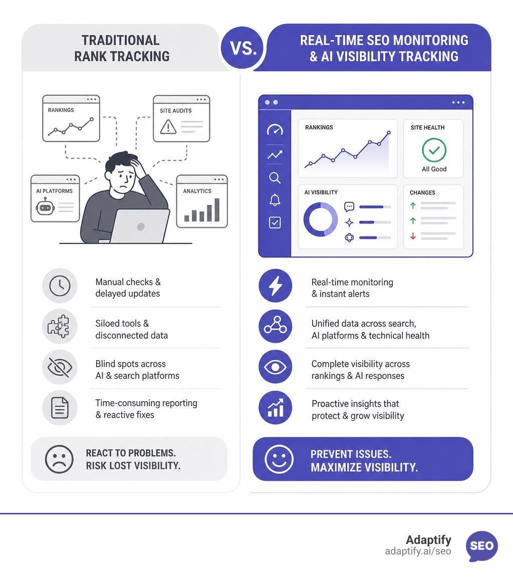 Comparison infographic: traditional rank tracking vs real-time SEO monitoring and AI visibility tracking infographic
