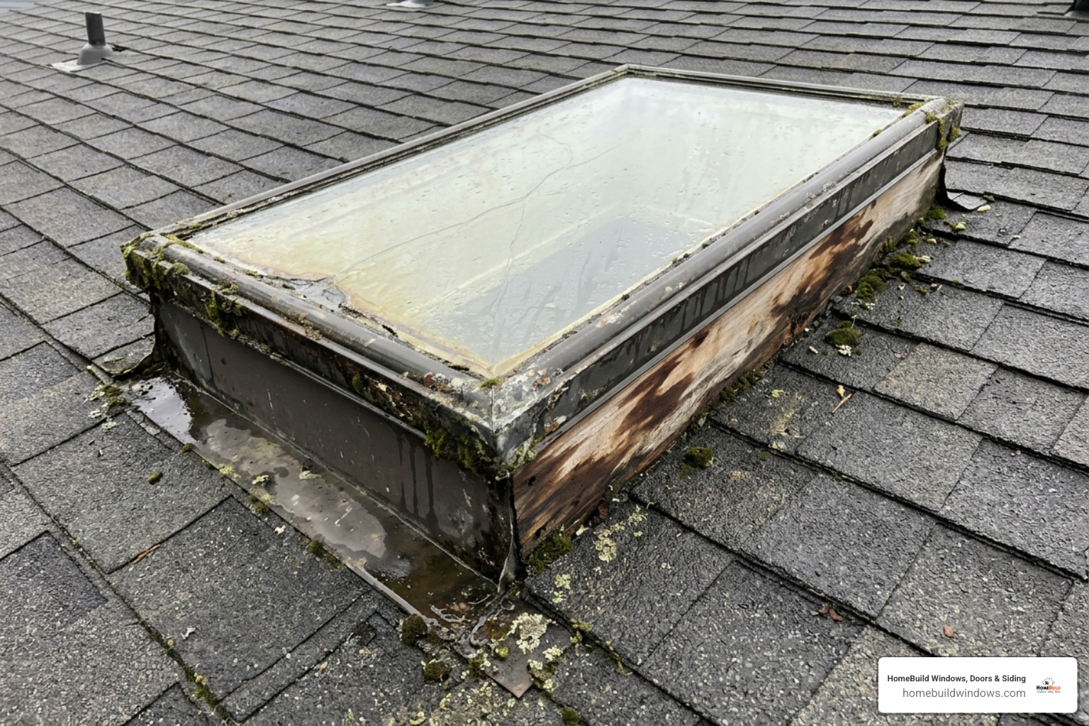weathered leaking skylight frame with water damage