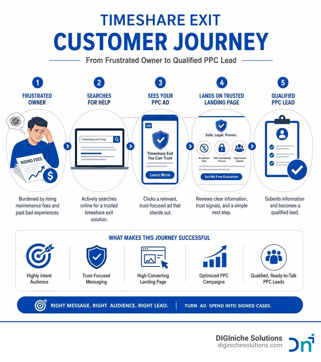 Timeshare exit customer journey from frustrated owner to qualified PPC lead infographic infographic