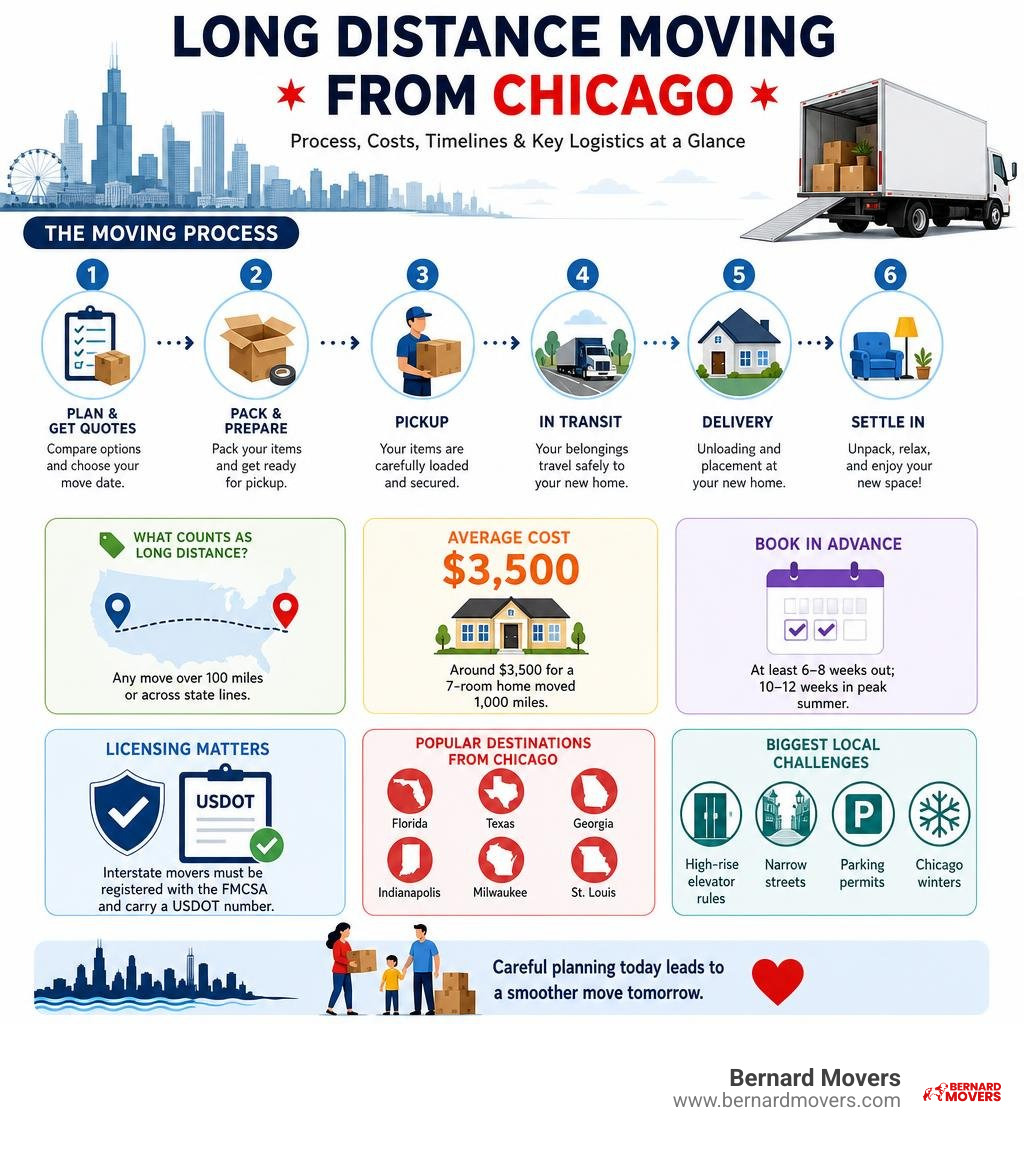 Long distance moving Chicago process: steps, costs, timelines, and key logistics at a glance infographic Long distance moving Chicago process: steps, costs, timelines, and key logistics at a glance infographic