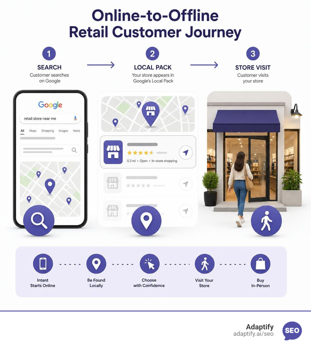 Online-to-offline retail customer journey: search to local pack to store visit infographic