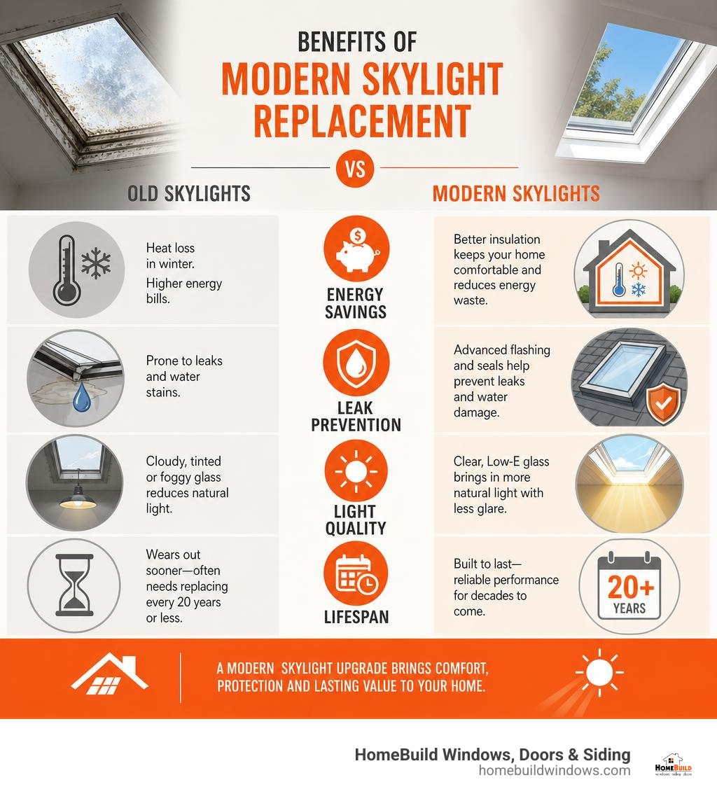 Benefits of modern skylight replacement vs old skylights: energy savings, leak prevention, light quality, lifespan