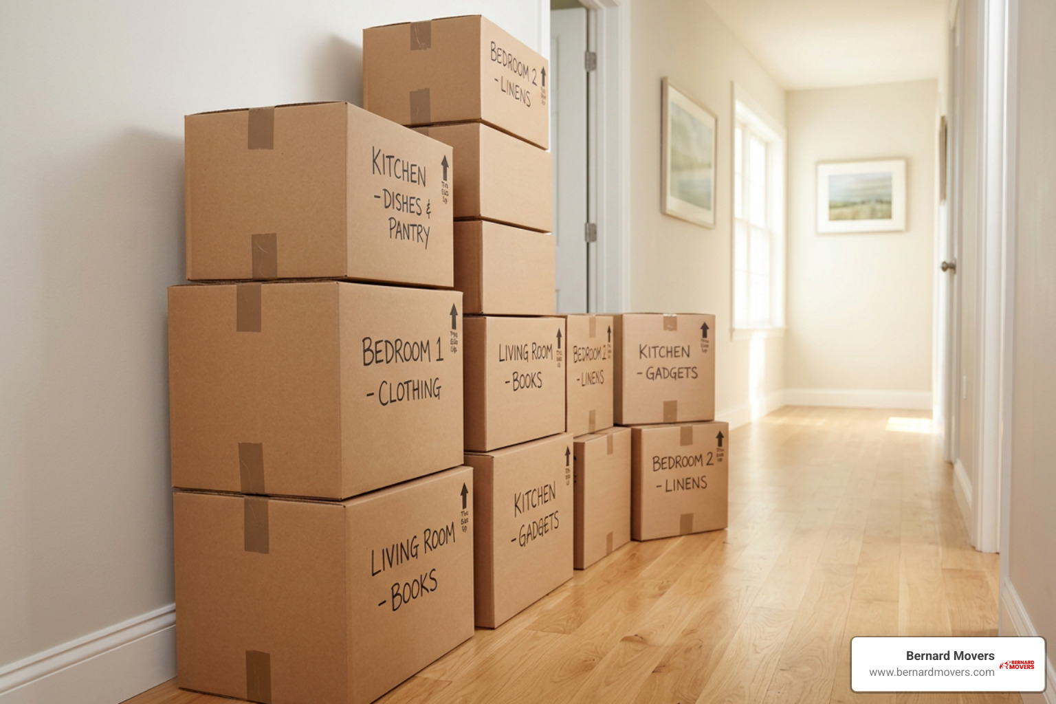 Organized moving boxes labeled by room Organized moving boxes labeled by room
