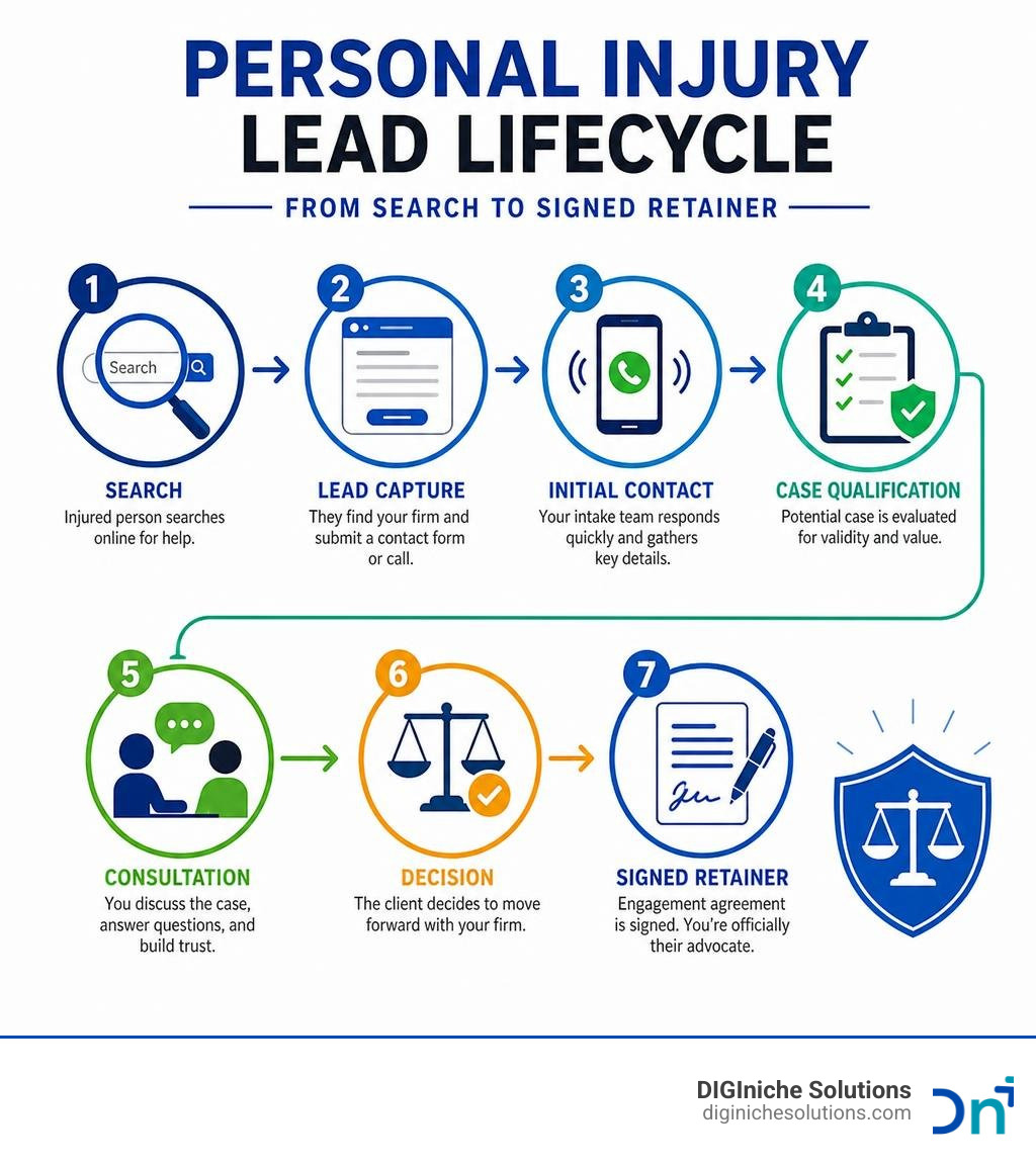 Personal injury lead lifecycle from search to signed retainer infographic infographic