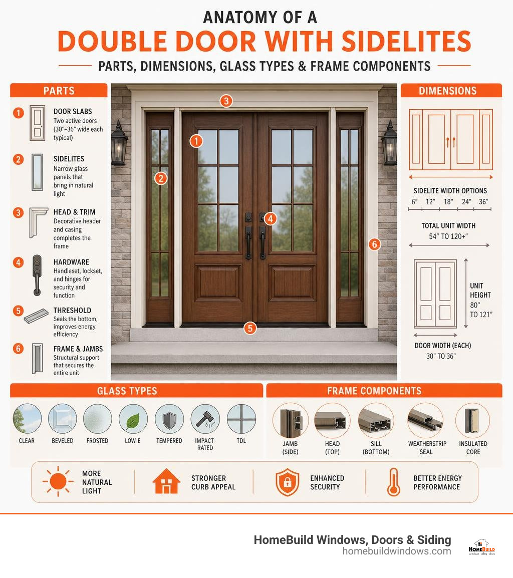 Anatomy of a double door with sidelites: parts, dimensions, glass types, and frame components infographic