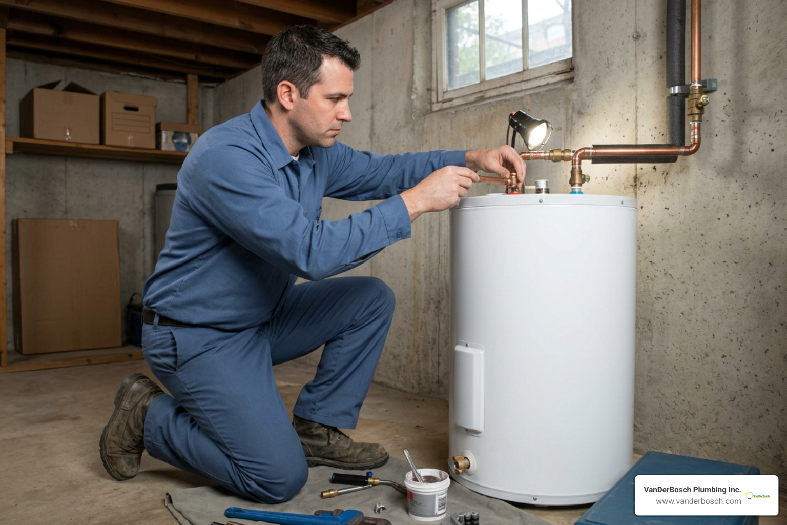 Professional plumber installing a water heater in a Chicago home Professional plumber installing a water heater in a Chicago home
