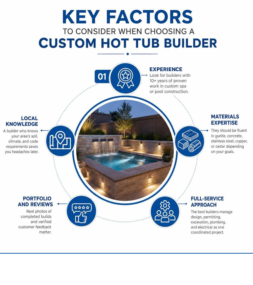 Key factors to consider when choosing a custom hot tub builder infographic Key factors to consider when choosing a custom hot tub builder infographic