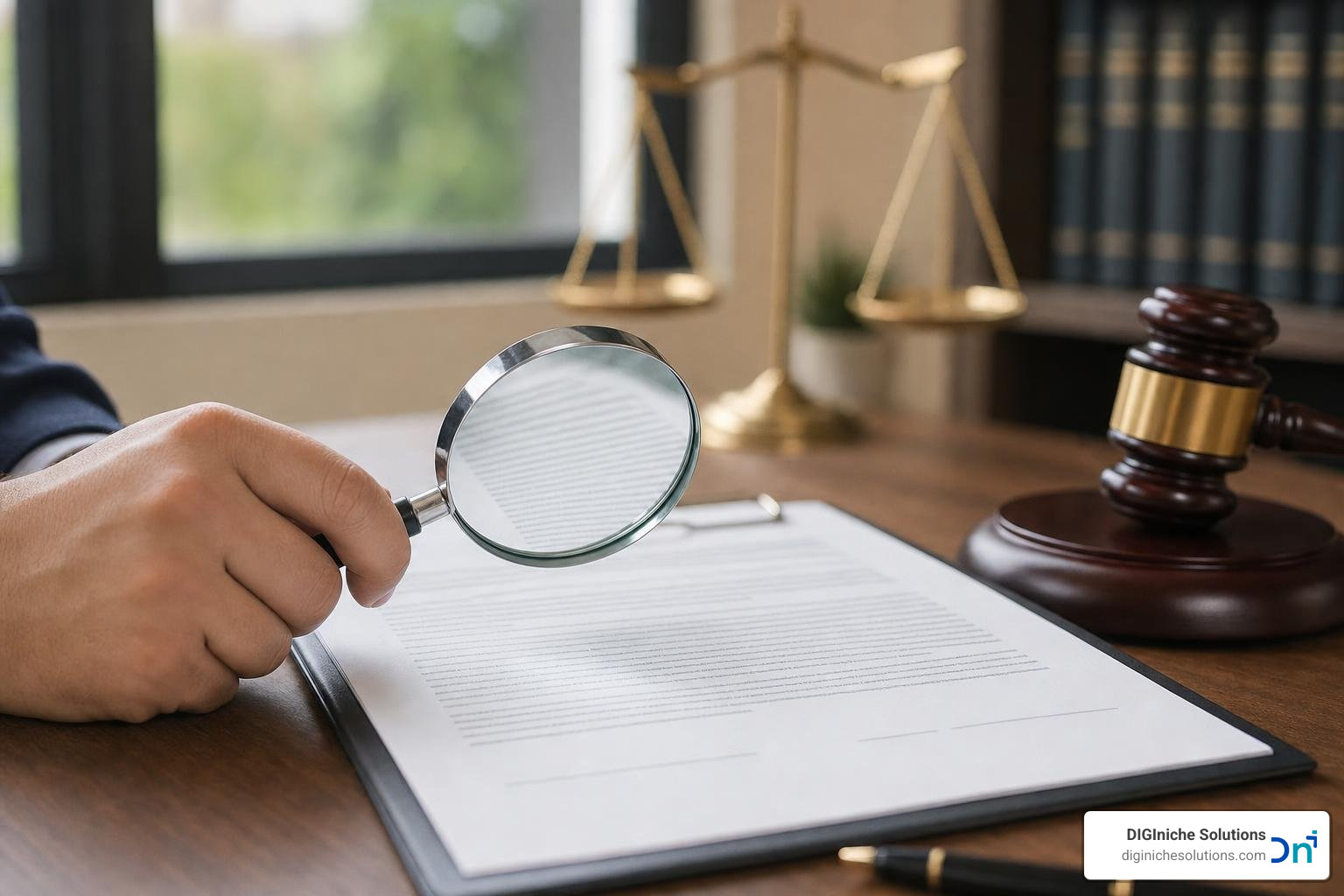 legal contract document with a magnifying glass showing fine print