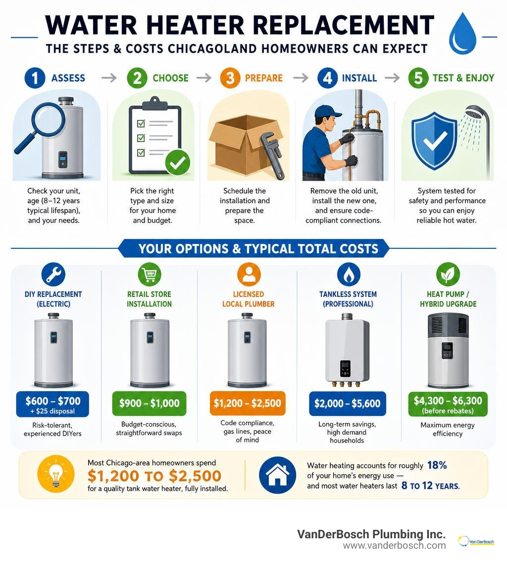 Steps and costs of the water heater replacement process for Chicagoland homeowners infographic Steps and costs of the water heater replacement process for Chicagoland homeowners infographic