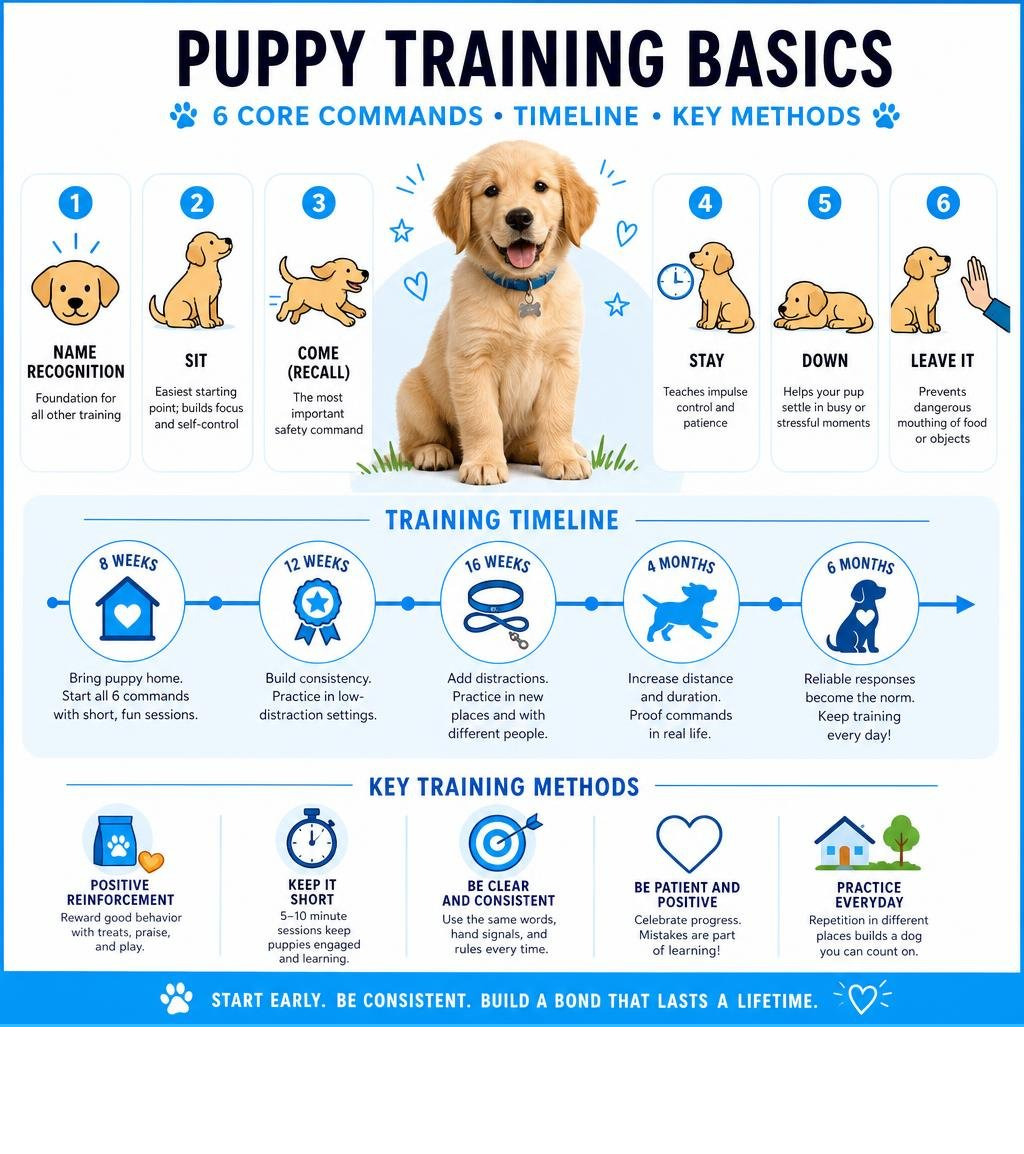 Puppy training basics: 6 core commands, timeline from 8 weeks to 6 months, and key training methods infographic Puppy training basics: 6 core commands, timeline from 8 weeks to 6 months, and key training methods infographic